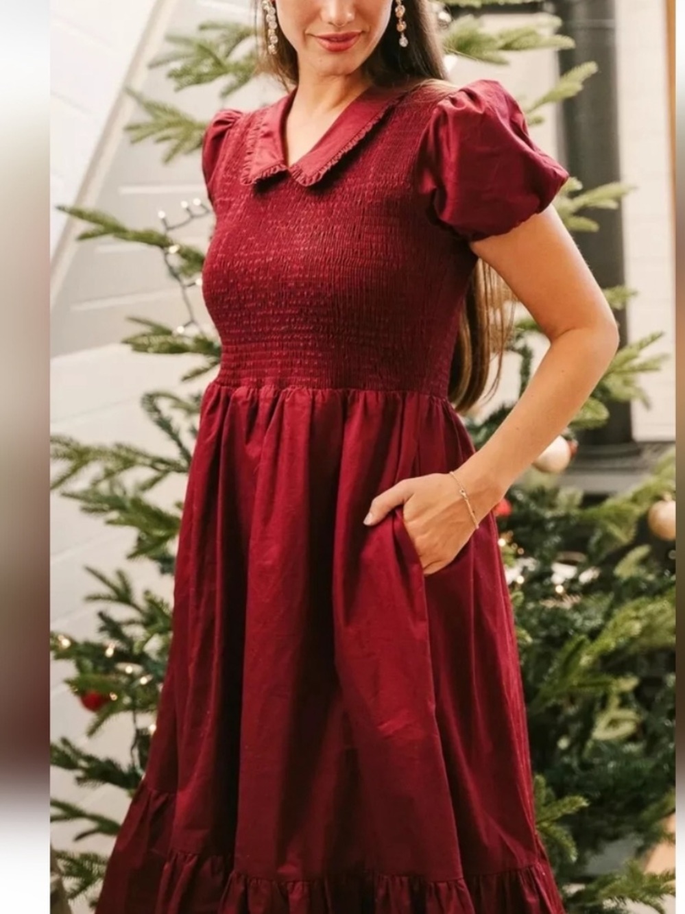 Ivy City Co Wine Red Smocked Addie Dress Size Medium Holiday Christmas NWT - Picture 2 of 14